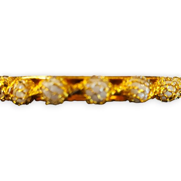 Gold Tone Blingy Bangle Bracelet w/ White Beads Basket Weave Indian Style 2" Dia - Picture 5 of 11